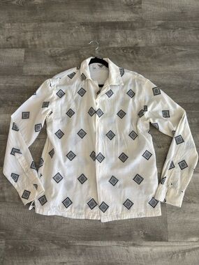Zara White Button-Down Shirt with Black Diamond Print